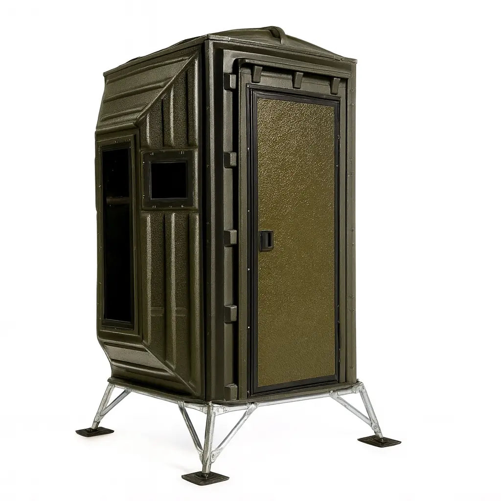Angled product shot of The Blynd 4x4 Bow Hunting Deer Blind with door closed and windows visible, isolated on white background.