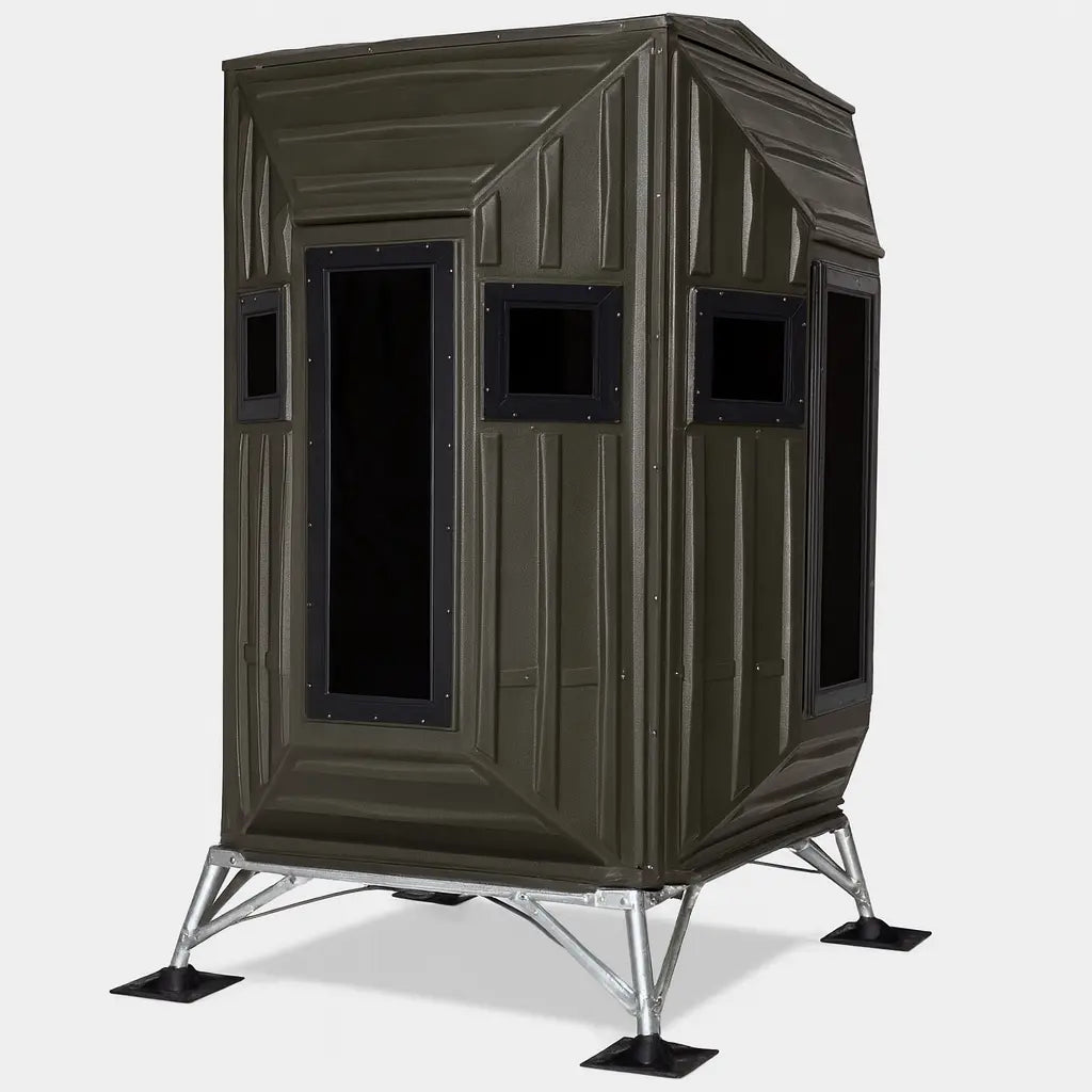 The Blynd 4x4 Bow Hunting Deer Blind with side viewing windows and steel base, isolated on a white background for product display.