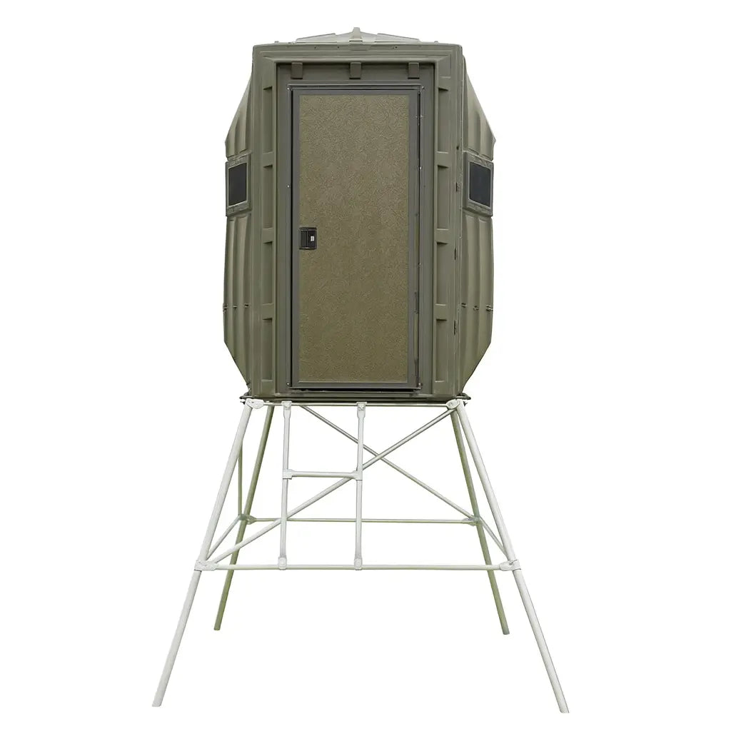 Wide product image of The Blynd 4x4 Bow Hunting Deer Blind on white, showing elevated steel stand and enclosed hunting platform.