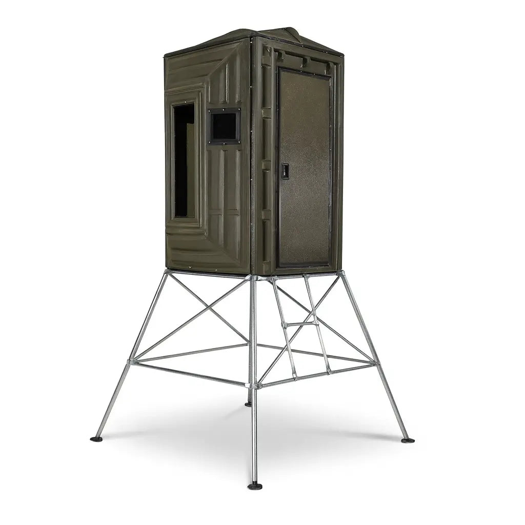 Elevated The Blynd 4x4 Bow Hunting Deer Blind product image on white background, showing tower stand and side access.