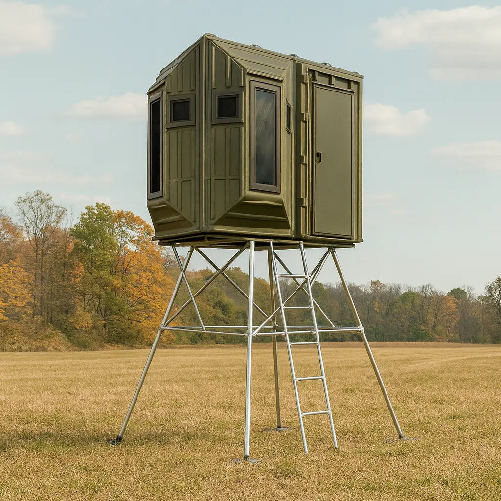 The Blynd 4x8 bow hunting blind front view with entry door and elevated deer blind legs

