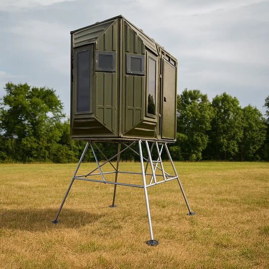 Side profile of The Blynd 4x8 deer hunting blind with shooting windows for bow or rifle use

