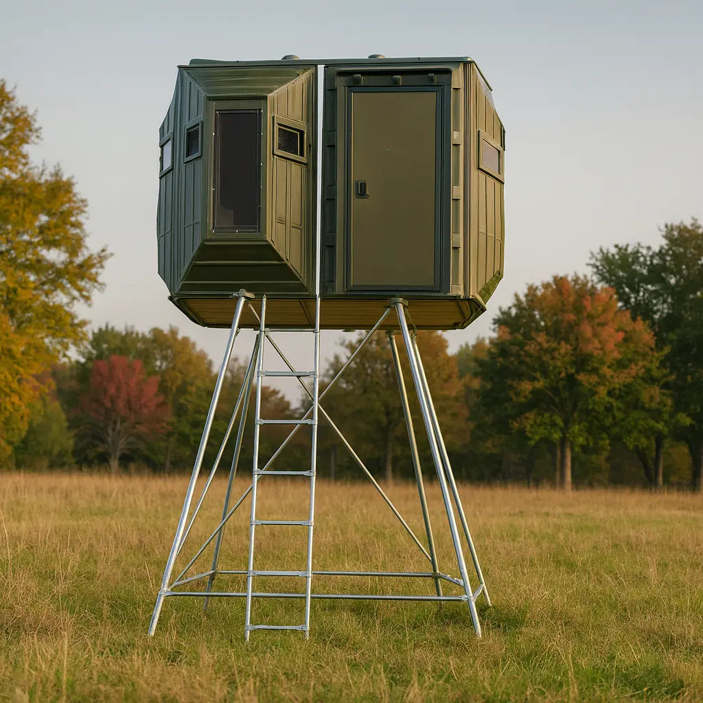 The Blynd 4x8 deer blind set up in a grassy field, angled front view with ladder and window detail


