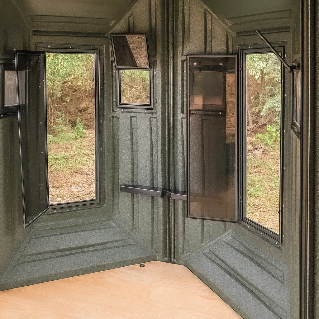 Interior layout of The Blynd 4x8 bow hunting blind showing multiple shooting windows for 360-degree visibility

