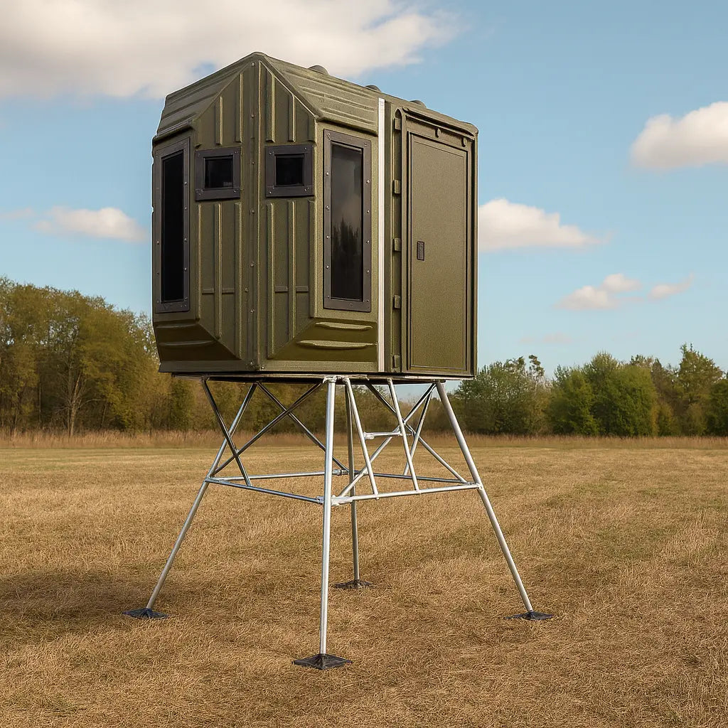 Rear access view of The Blynd 4x8 hunting blind with ladder and lockable door, ideal for serious deer hunters

