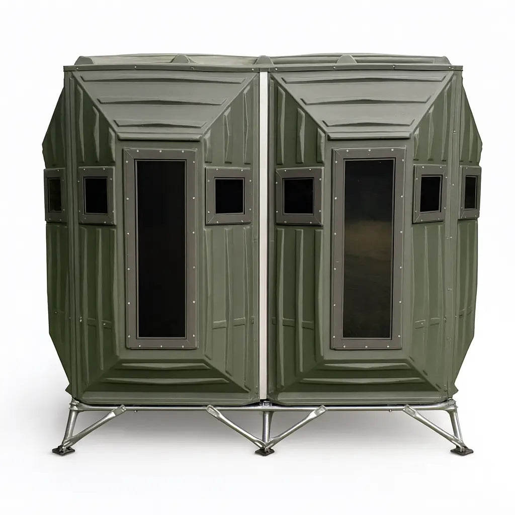 Straight-on front view of The Blynd 4x8 bow hunting blind with door and base, white background

