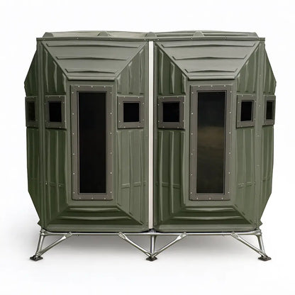 Straight-on front view of The Blynd 4x8 bow hunting blind with door and base, white background

