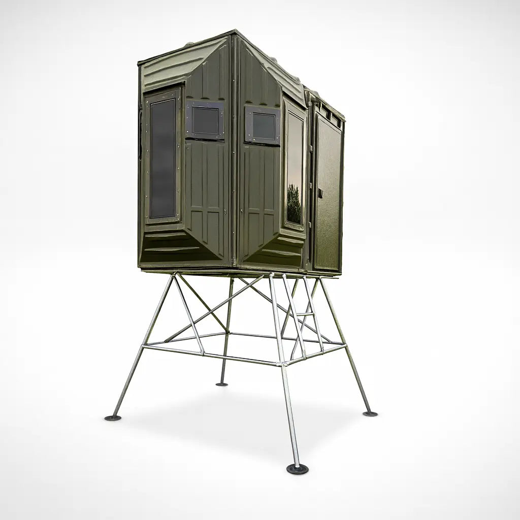 Right-angle view of The Blynd 4x8 deer blind on white background, showing multiple windows

