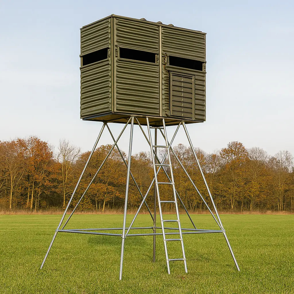 The Blynd 4x8 Deer Hunting Blind elevated on a tall metal tower in an open field, designed for multiple hunters with expansive shooting windows.

