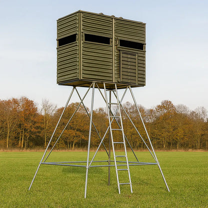 The Blynd 4x8 Deer Hunting Blind elevated on a tall metal tower in an open field, designed for multiple hunters with expansive shooting windows.

