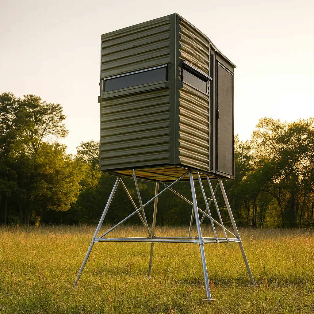 Front-facing The Blynd 4x8 Deer Hunting Blind on steel legs, featuring full entry door and durable weather-resistant exterior.

