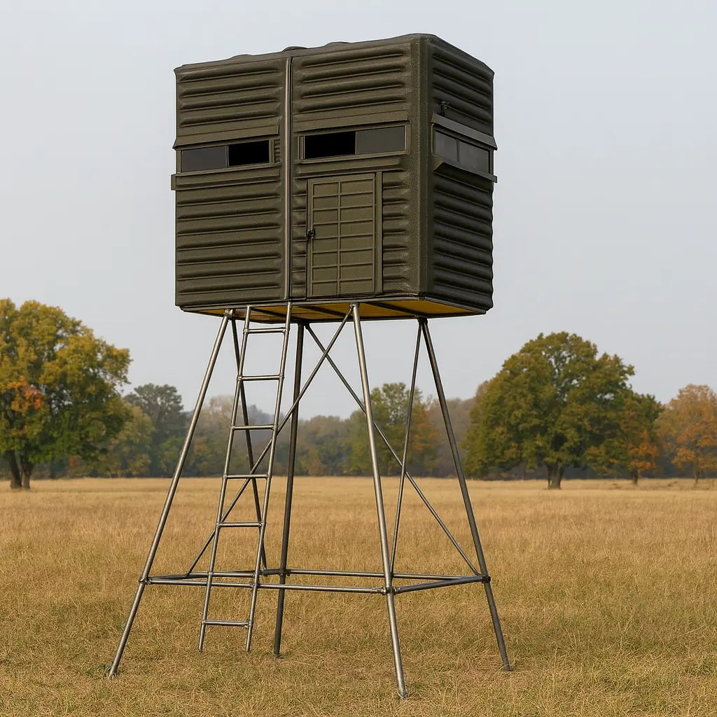 Angled view of The Blynd 4x8 Deer Hunting Blind with tower stand, showing dual side windows for wide hunting visibility.

