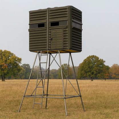 Angled view of The Blynd 4x8 Deer Hunting Blind with tower stand, showing dual side windows for wide hunting visibility.

