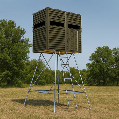 The Blynd 4x8 Deer Hunting Blind on elevated stand, positioned in a grassy field with wooded background for enhanced hunting concealment.

