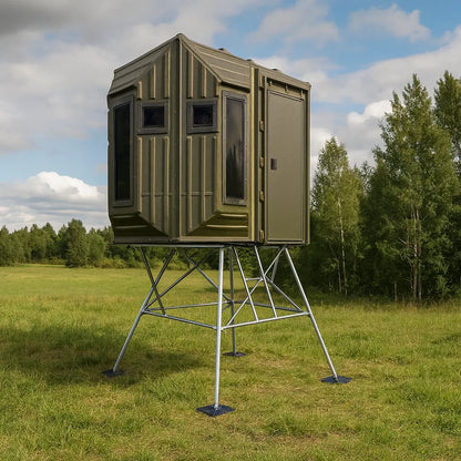 The Blynd 4x8 deer hunting blind with ladder setup in an open field, perfect for bow or rifle hunting

