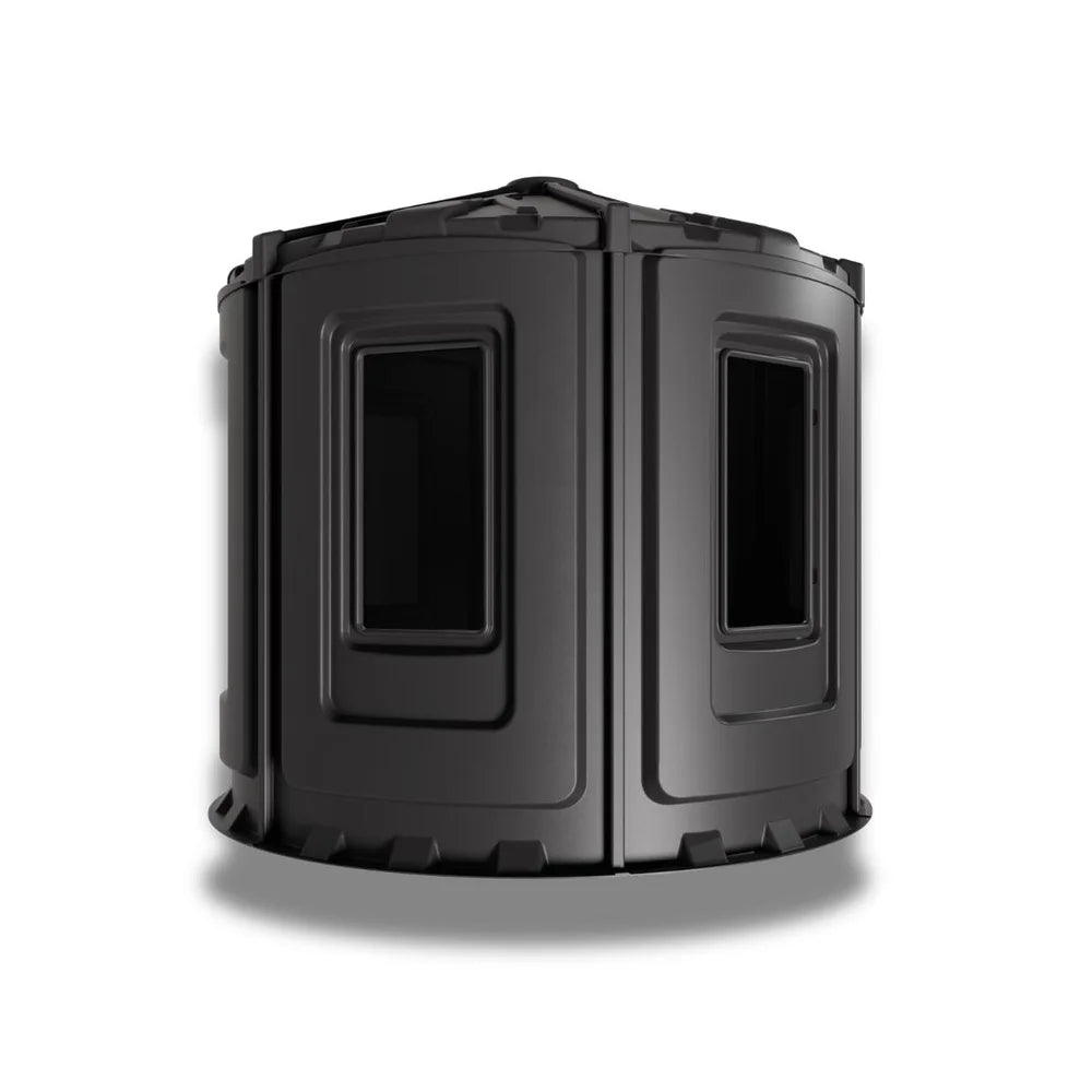 Rear view of the Maverick XL-V hard-sided hunting blind featuring durable polyethylene construction and panoramic hunting windows