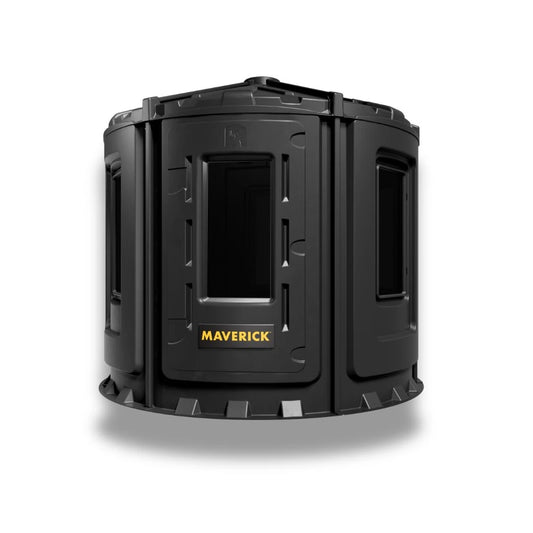Maverick XL-V modular hard-sided hunting blind with black polyethylene construction and panoramic shooting windows