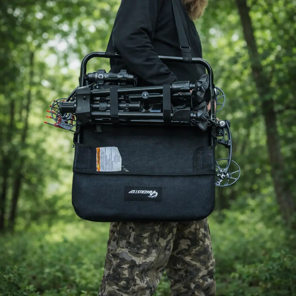 Ameristep Silent Swivel 360 hunting blind chair folded up for transport in a wooded setting