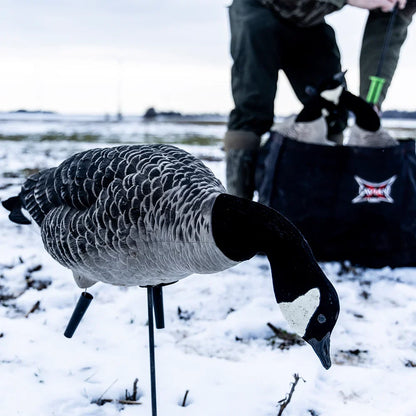 Avian-X AXF Lessers Outfitter Pack feeder goose decoy staked in snowy field with hunter and slot bag behind