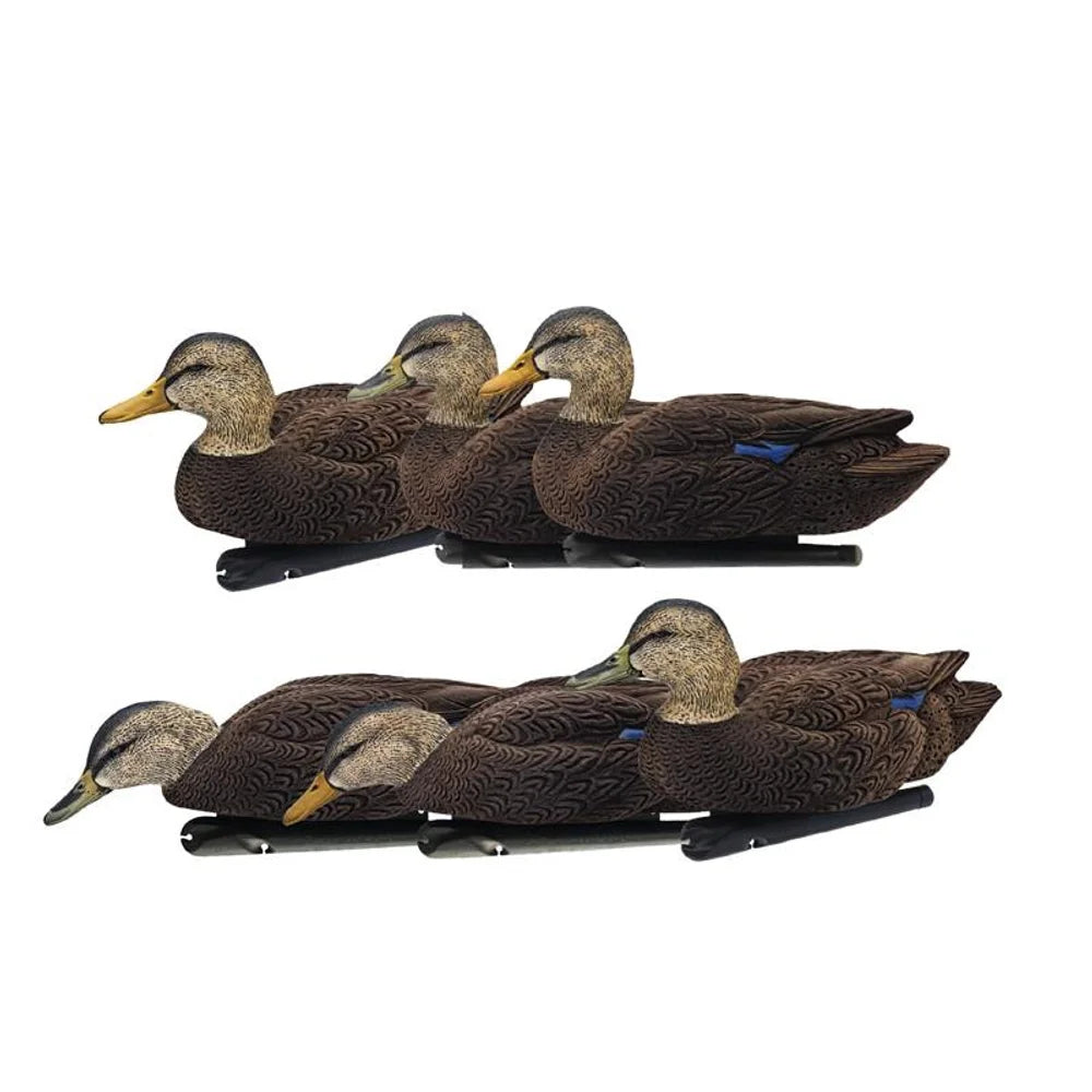 Avian-X TOPFLIGHT flocked black duck floating decoys, full six-pack set shown in two rows