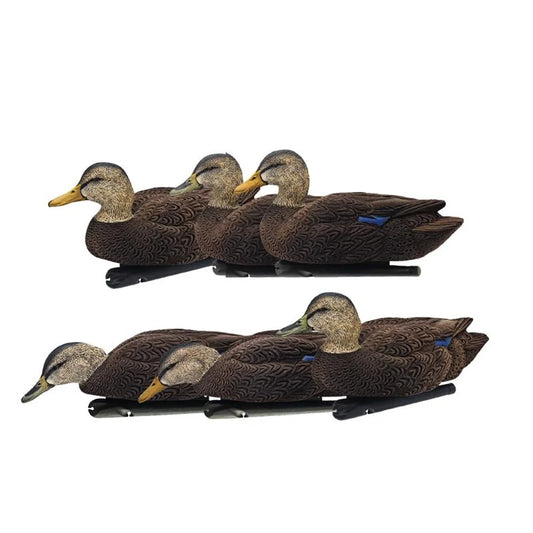Avian-X TOPFLIGHT flocked black duck floating decoys, full six-pack set shown in two rows