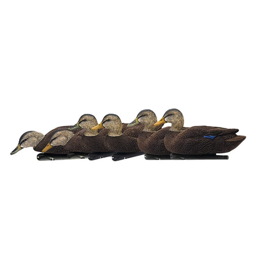 Avian-X TOPFLIGHT flocked black duck decoys arranged in a side-profile lineup of six