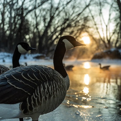 Avian-X Topflight Honkers floating goose decoys at sunrise on misty water with silhouetted geese