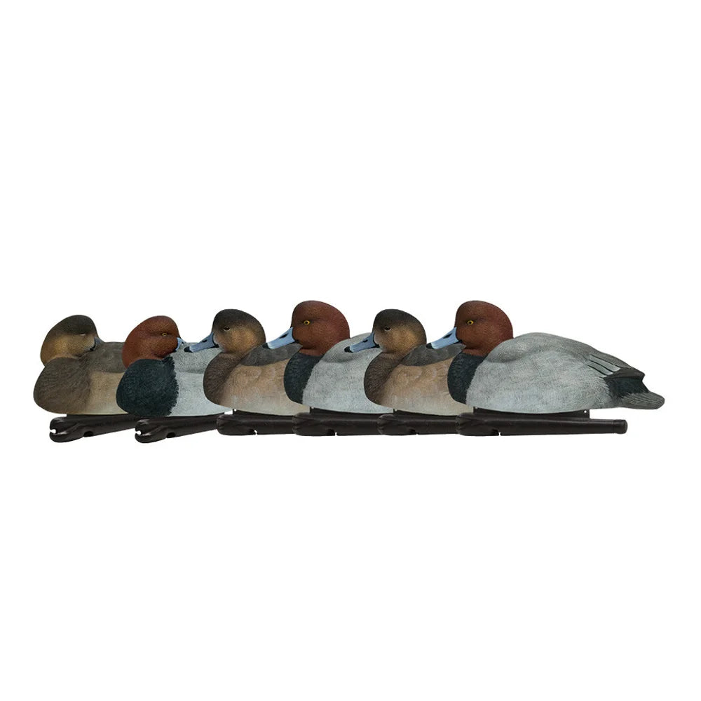 Avian-X Topflight Redhead six floating decoys lined up in a row, side view on white