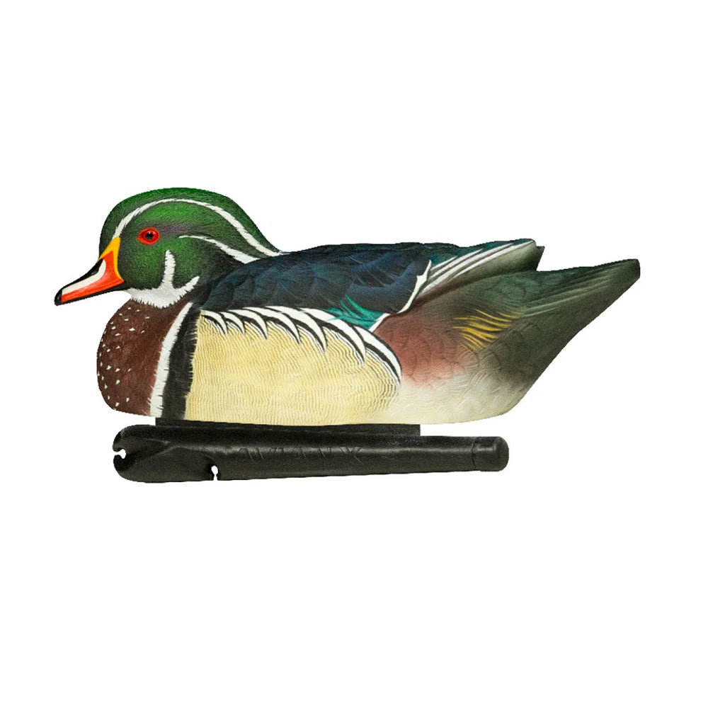 Avian-X TopFlight wood duck drake floating decoy in feeder pose side profile on white
