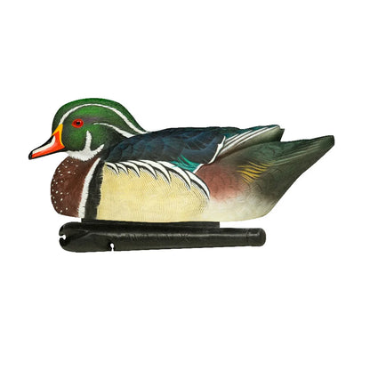 Avian-X TopFlight wood duck drake floating decoy in feeder pose side profile on white