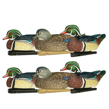 Avian-X TopFlight wood duck decoys six-pack showing drake and hen side profiles on white
