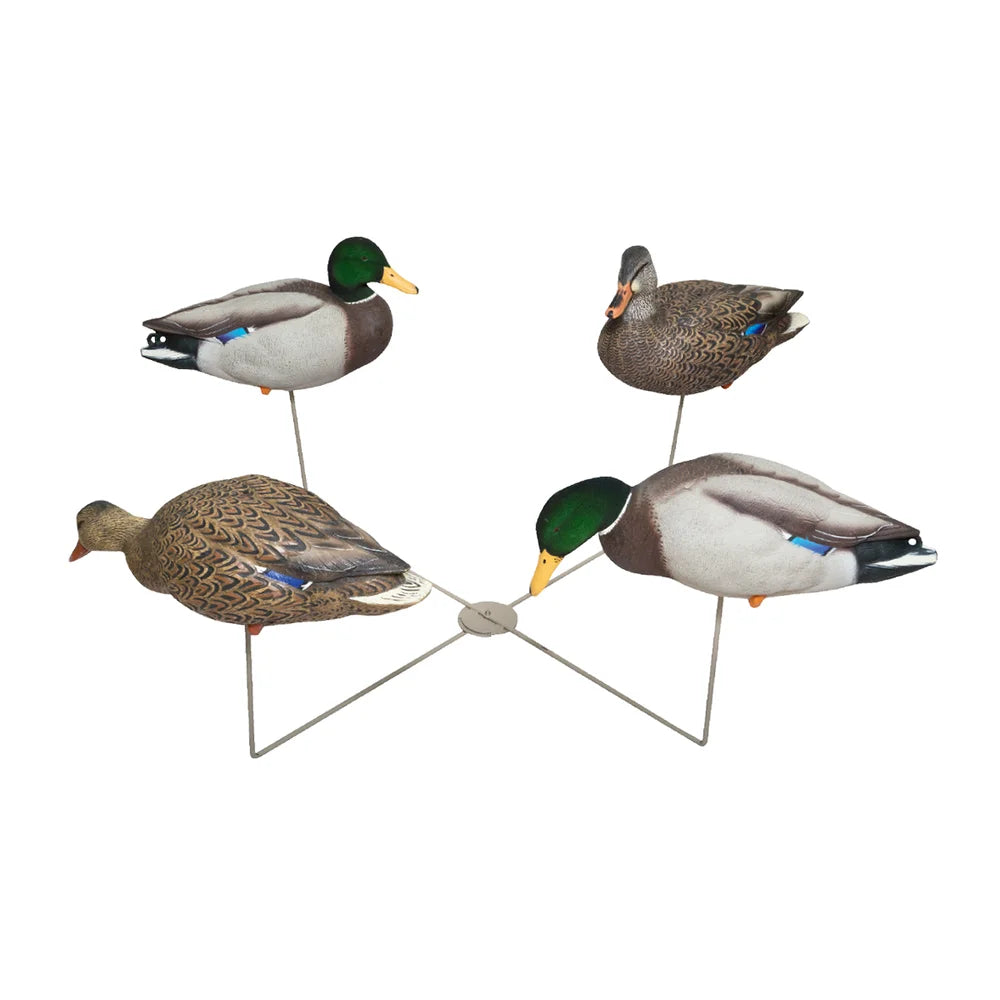 Avian-X X-Stand for Decoys holding four mallard duck decoys, studio shot on white background