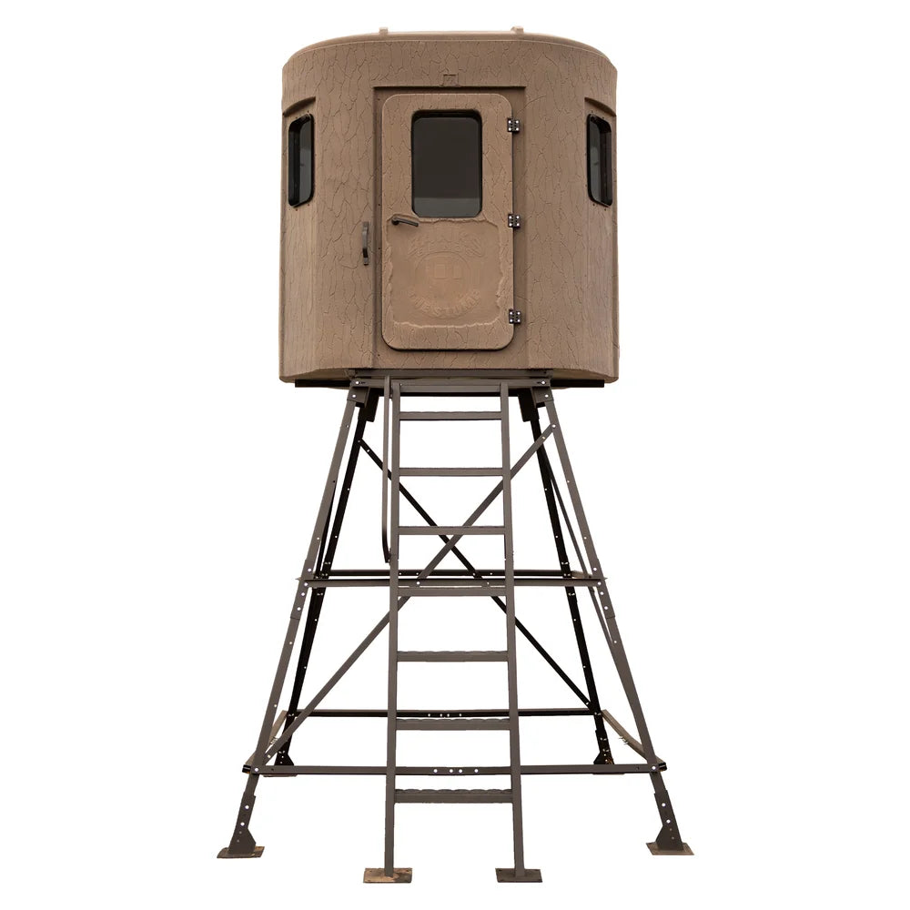 Banks Outdoors The Stump 2 Phantom elevated hunting blind on steel tower stand, front view showing door and windows