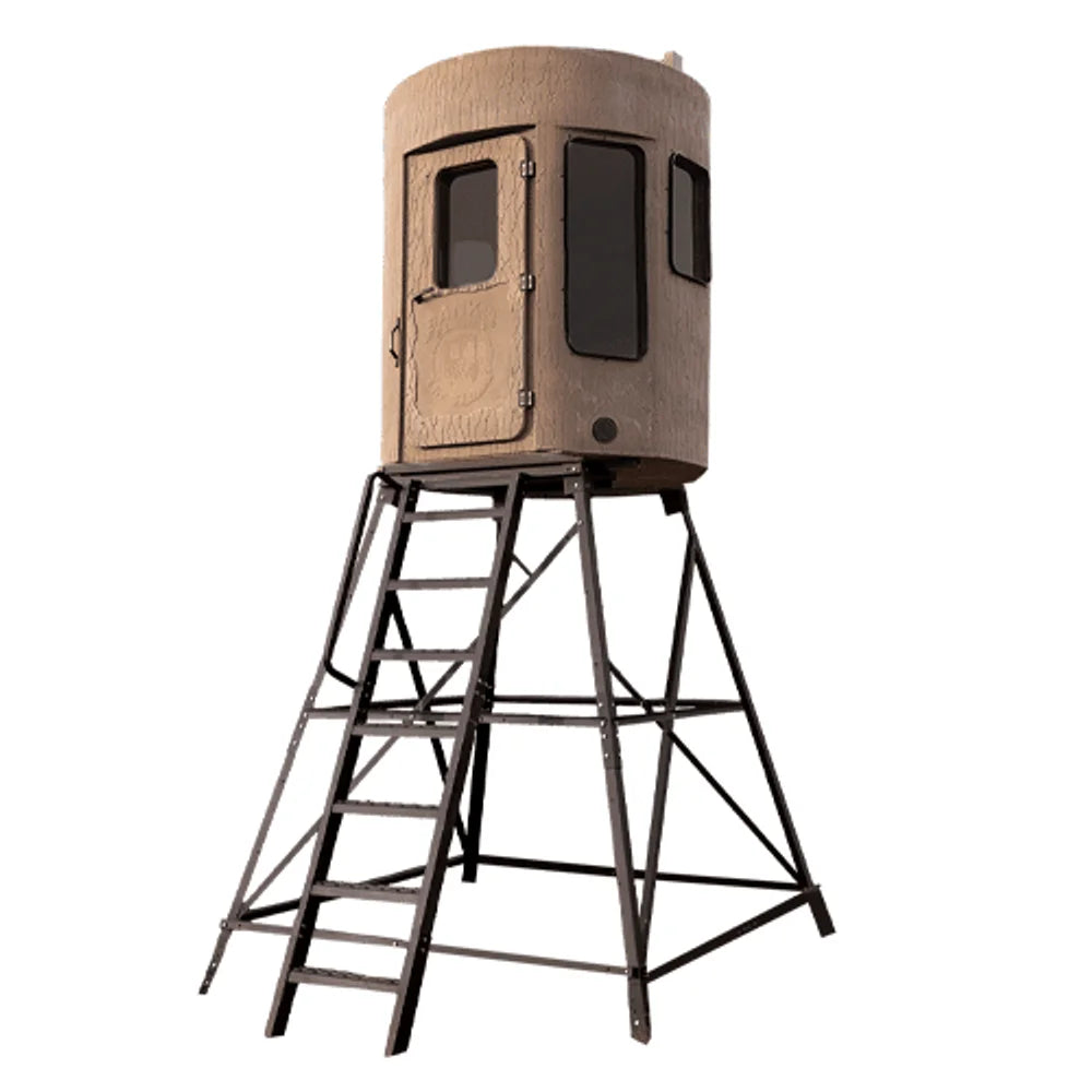 Banks Outdoors The Stump 3 360° Whitetail Properties Pro Hunter Phantom blind on steel tower stand, studio shot on white b…