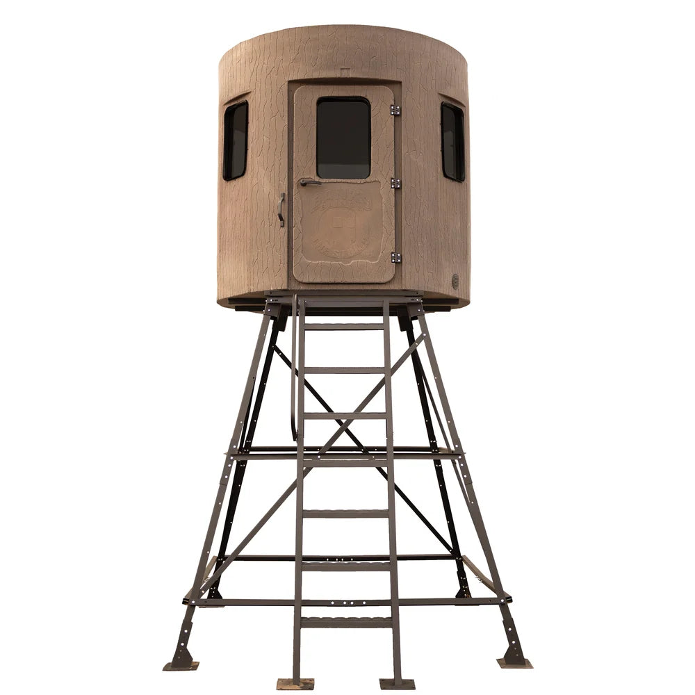 Banks Outdoors The Stump 4 Phantom elevated hunting blind on steel tower stand, front view on white background