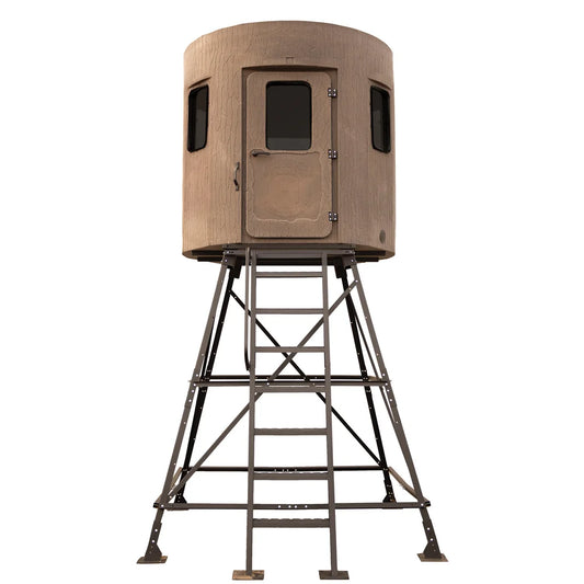Banks Outdoors The Stump 4 Phantom elevated hunting blind on steel tower stand, front view on white background