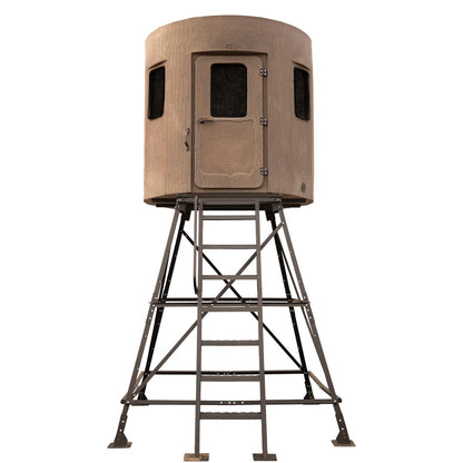 Banks Outdoors The Stump 4 Whitetail Properties Pro Hunter Phantom elevated hunting blind, front view on steel tower stand