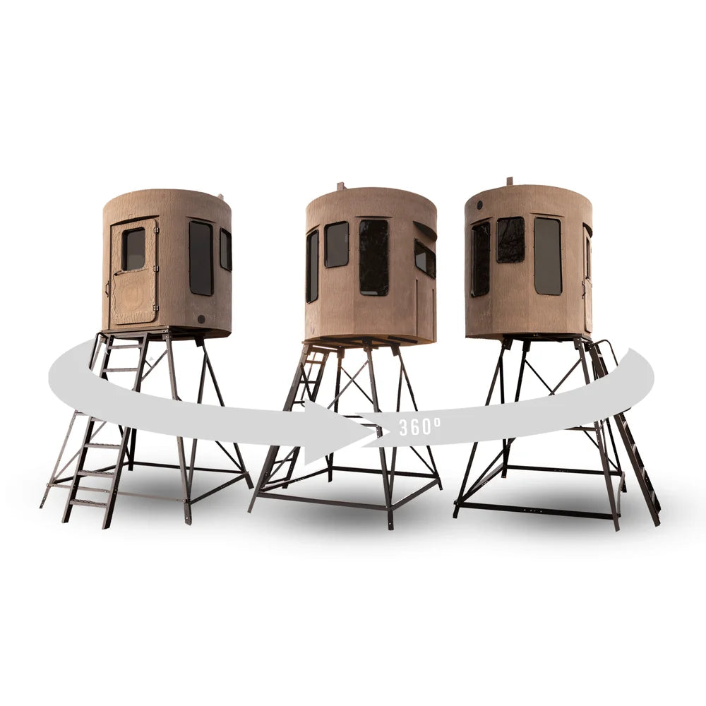 Banks Outdoors The Stump 4 360° Phantom hunting blind shown from three angles with 360° rotation graphic