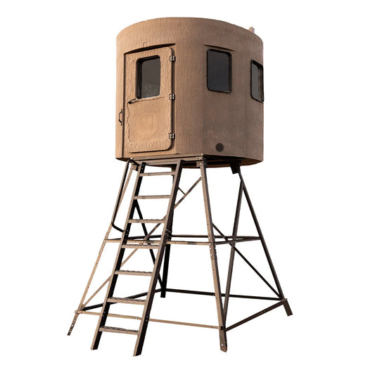 Banks Outdoors The Stump Sequoia Phantom tower blind, front three-quarter view with ladder and steel frame on white backgr…