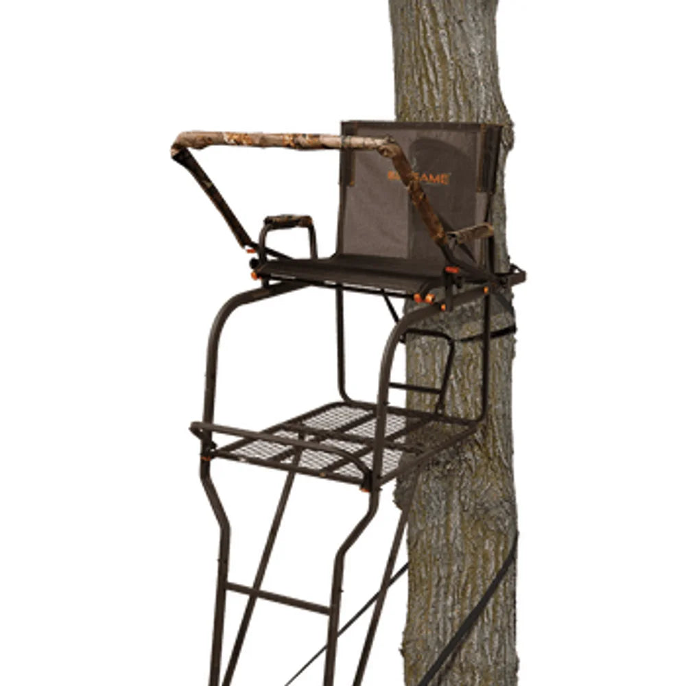 Big Game Hunter HD 1.5 18.6' ladder treestand mounted to tree, showing seat, shooting rail and platform