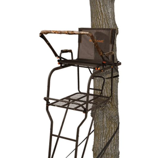 Big Game Hunter HD 1.5 18.6' ladder treestand mounted to tree, showing seat, shooting rail and platform