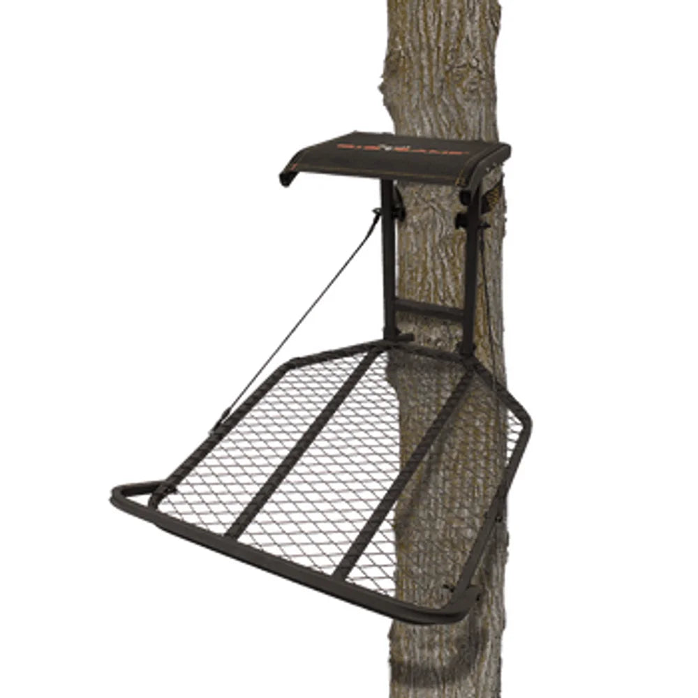 Big Game Treestands Captain XL hang-on treestand mounted on a tree, side view showing platform and seat
