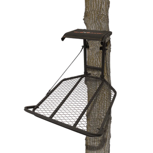Big Game Treestands Captain XL hang-on treestand mounted on a tree, side view showing platform and seat