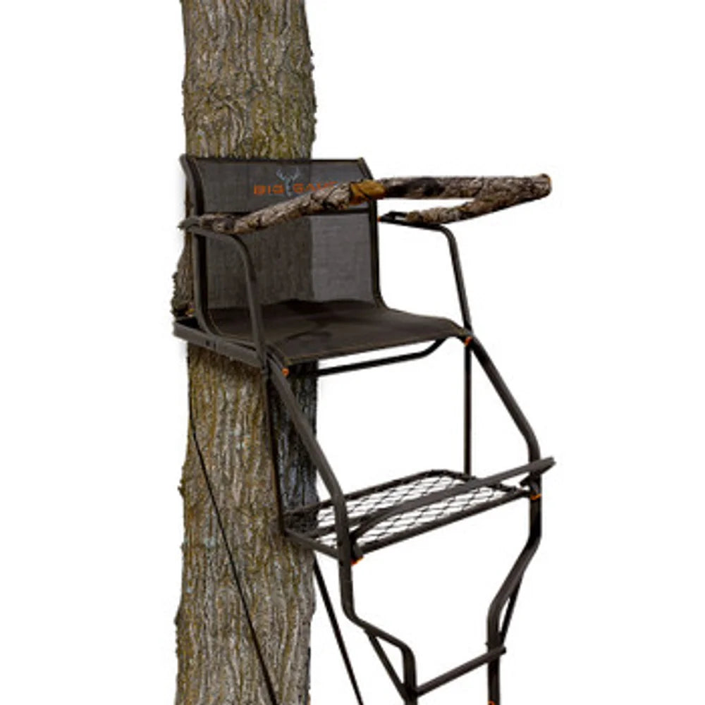 Big Game Treestands RIFLEMASTER 1.5 18.5' ladder stand mounted on tree, seat and shooting rail view