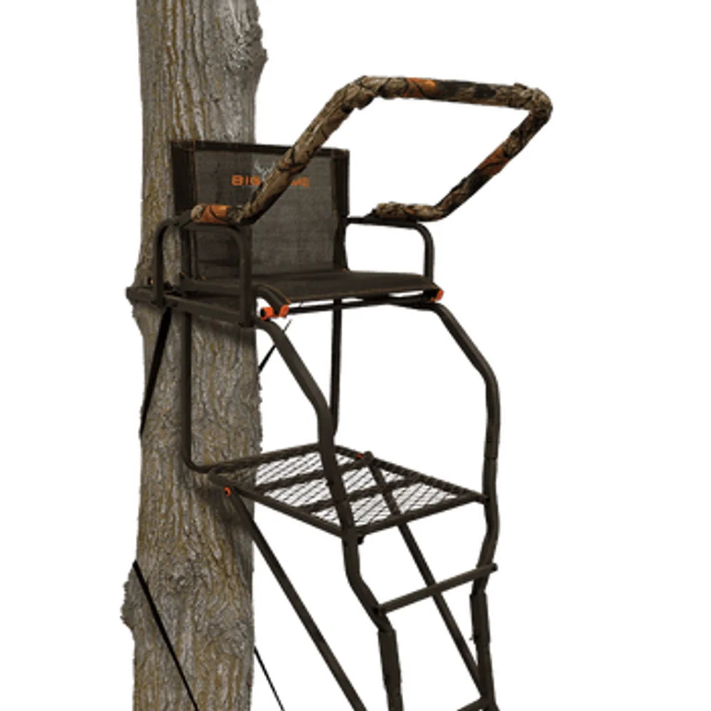 Big Game Treestands Striker XL 1-man 17.5' ladder stand mounted on tree, seat and platform view