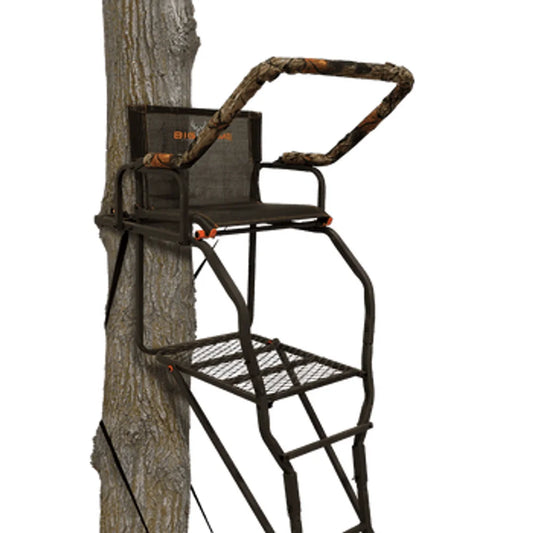 Big Game Treestands Striker XL 1-man 17.5' ladder stand mounted on tree, seat and platform view