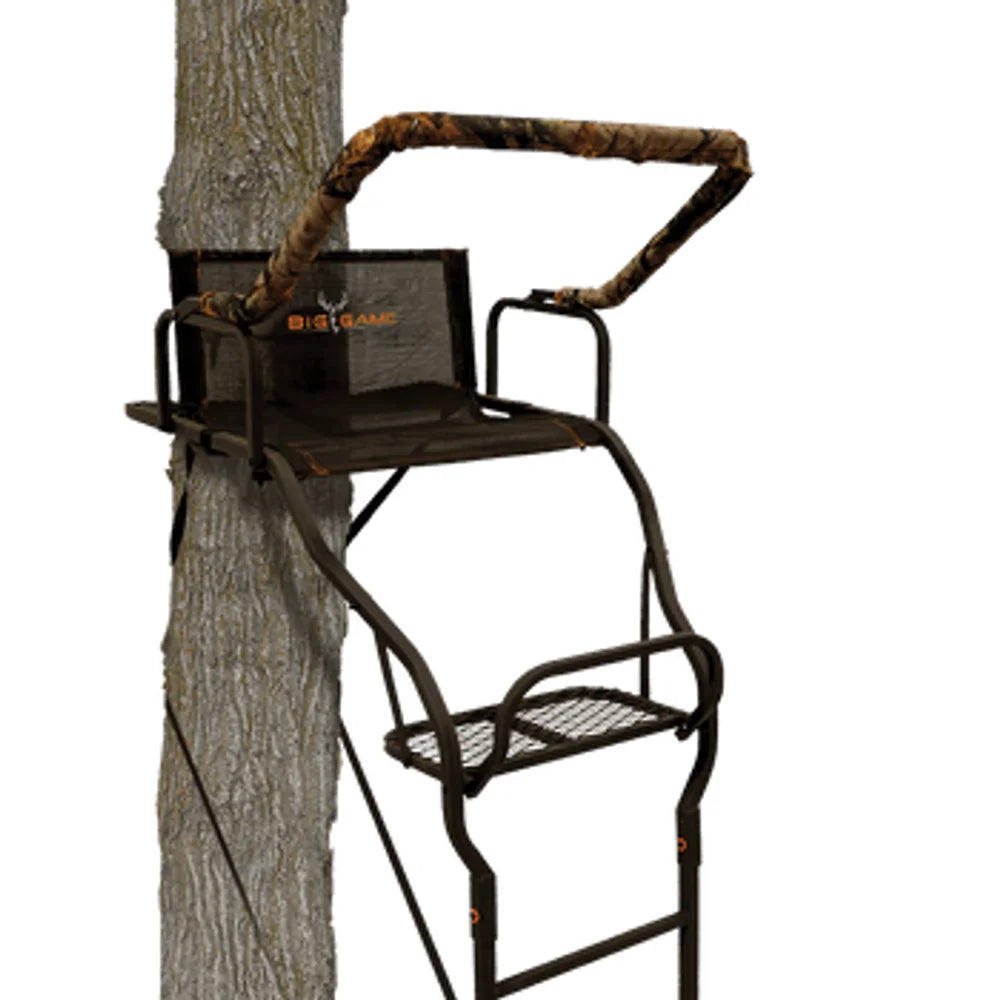 Big Game Treestands Warrior Elite 1-man 17' ladder stand mounted on tree with camo padded shooting rail