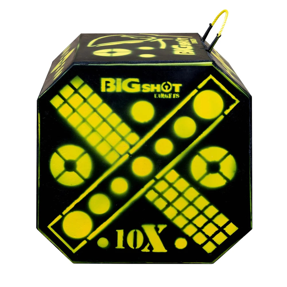 Big Shot Targets Titan 10X HD Crossbow Target, straight-on front view of X-pattern yellow target face on white background