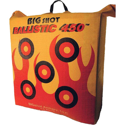 Big Shot Ballistic 450 archery bag target, front face with flame graphics and five aiming circles on white background