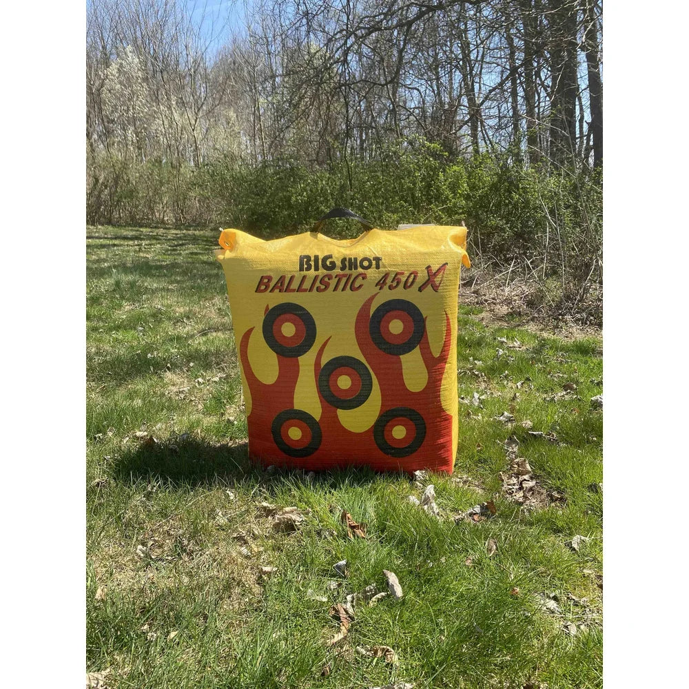 Big Shot Ballistic 450X archery bag target front face with flame graphics, standing on grass in outdoor field